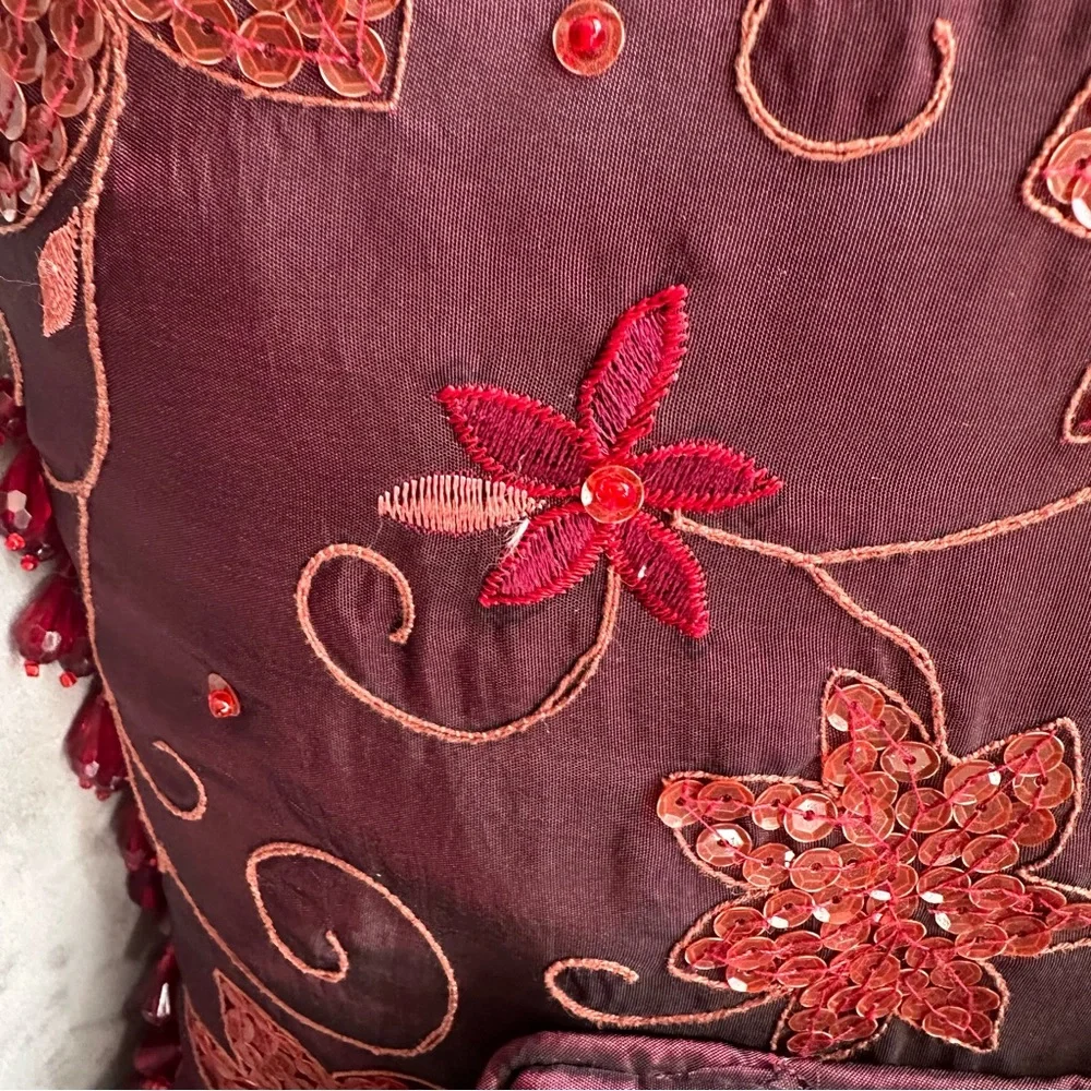 Vintage Burgundy Beaded Floral Pillow Set 2pc Boho Glam Decor 11” 6x8